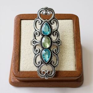 Trio Gem Elegance – Silver Ring with Blue Topaz & Peridot Teardrops Size 9 New